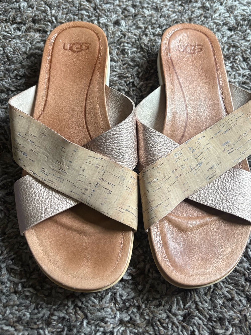 UGG Women's Metallic Rose Gold Cork Crossover Slide Sandals